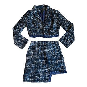 Button Front Raw Hem Tweed Blazer + Skirt Set